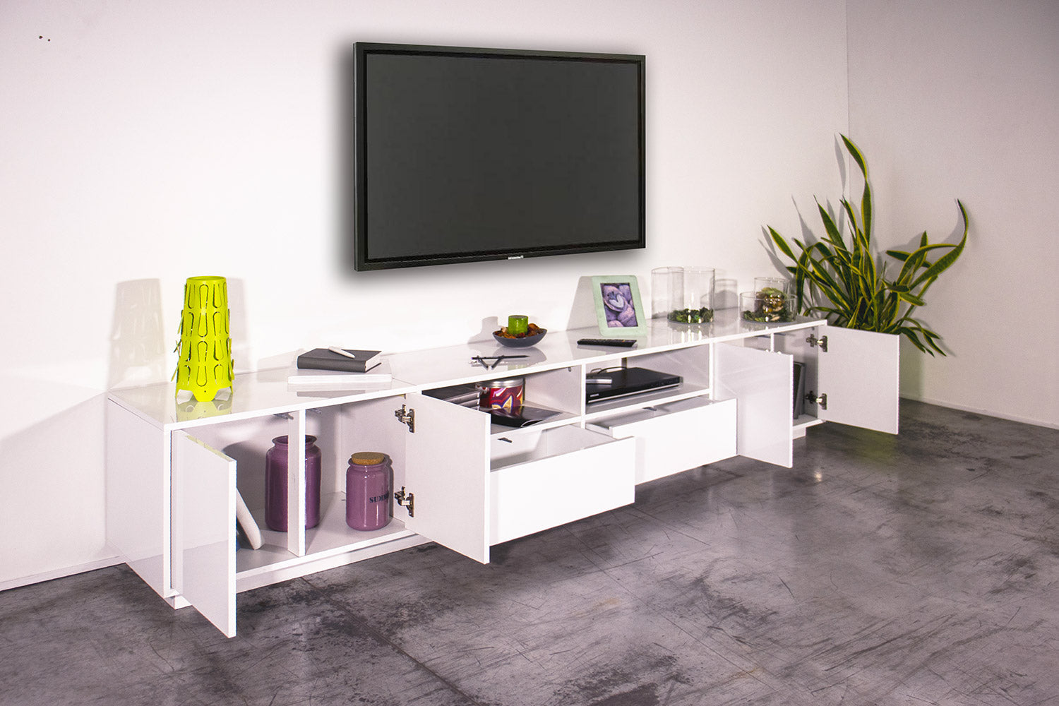 Mobile TV 4 Ante 2 Cassetti 260x41,4x46 cm Bloom Bianco Lucido