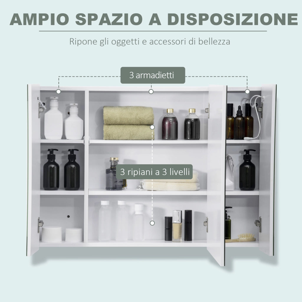 Armadietto Specchio da Bagno con Luce LED ¨C zephmum ¨C Bianco, 90x15x65 cm