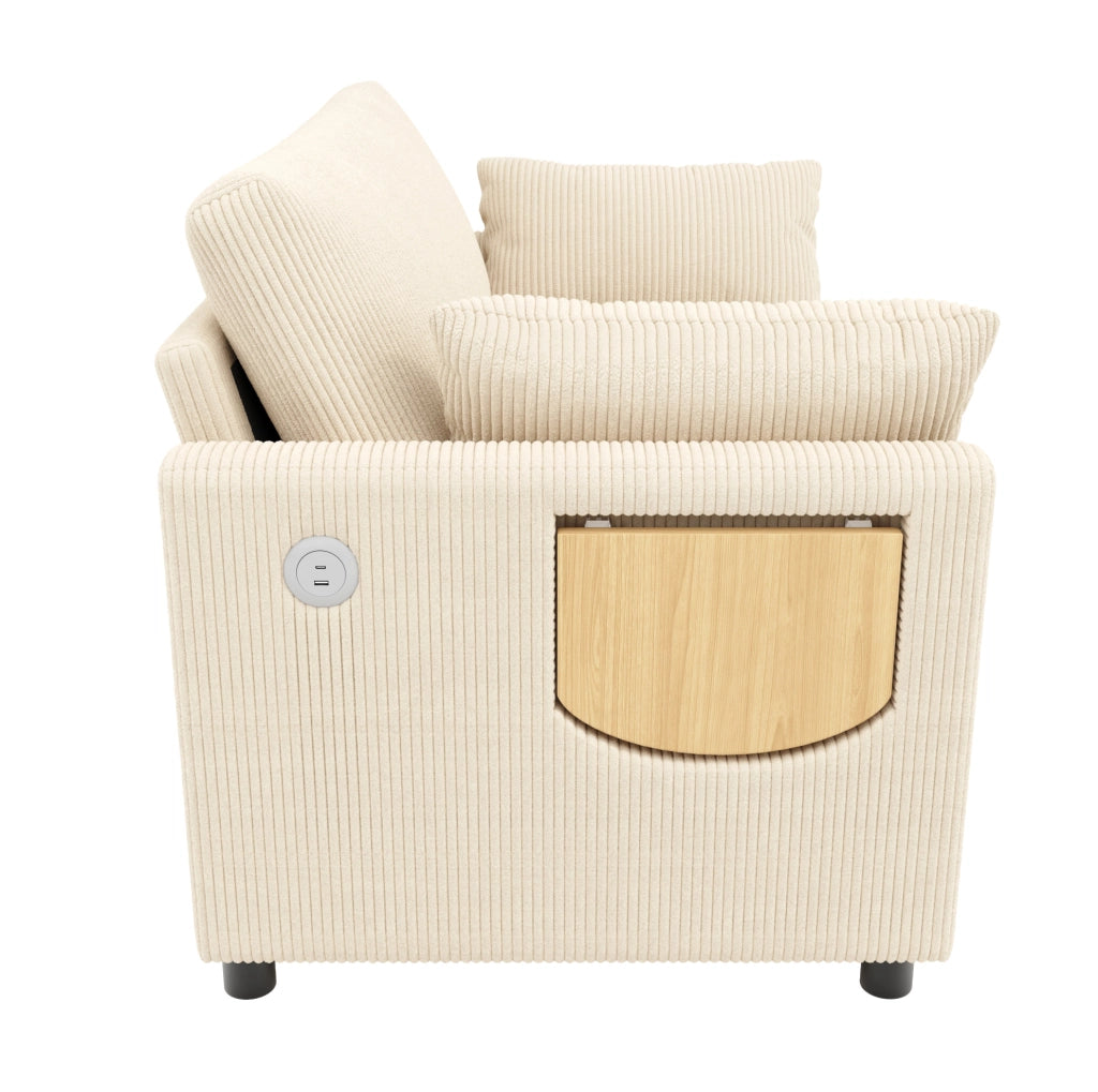 Divano letto 2 posti estraibile in corduroy beige con USB; USB-C e tavolino pieghevole