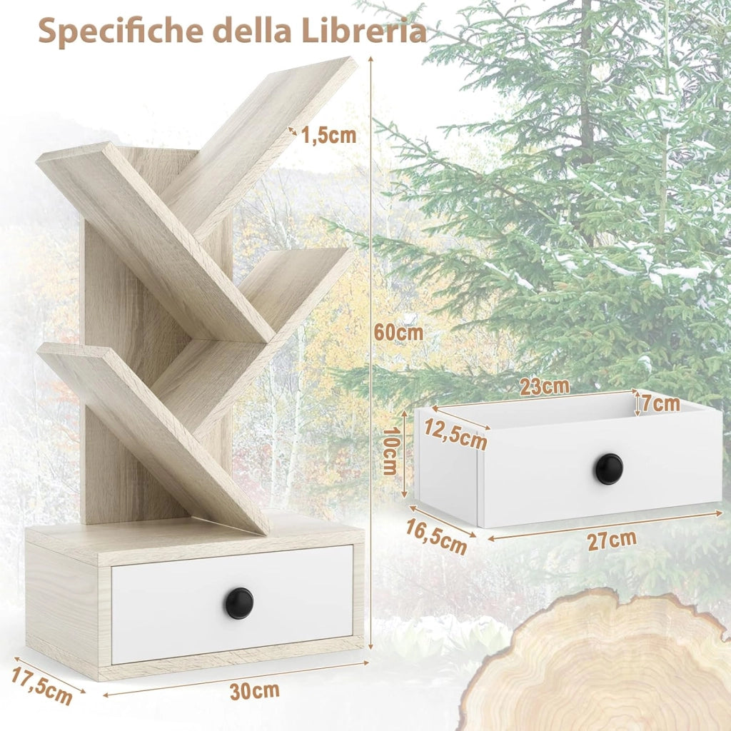 Libreria ad Albero a 5 Ripiani per Scrivania, Libreria Mini da Esposizione con Cassetto, Scaffale per Libri, 30 x 17,5 x 60 cm (Beige)