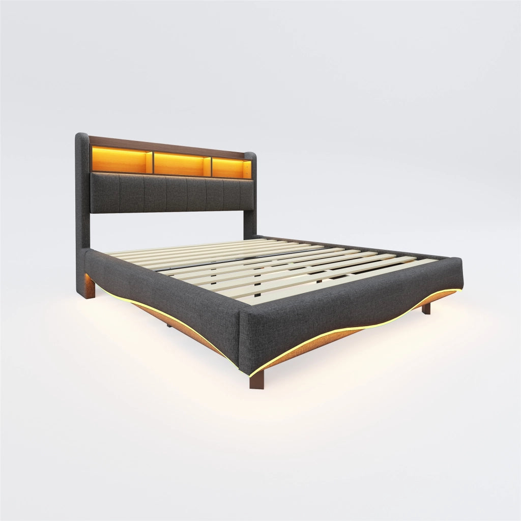 OKWISH Letto Imbottito 160×200 cm, Letto Matrimoniale con LED Regolabile, USB, Type C e Vano Testiera, senza Materasso, Grigio