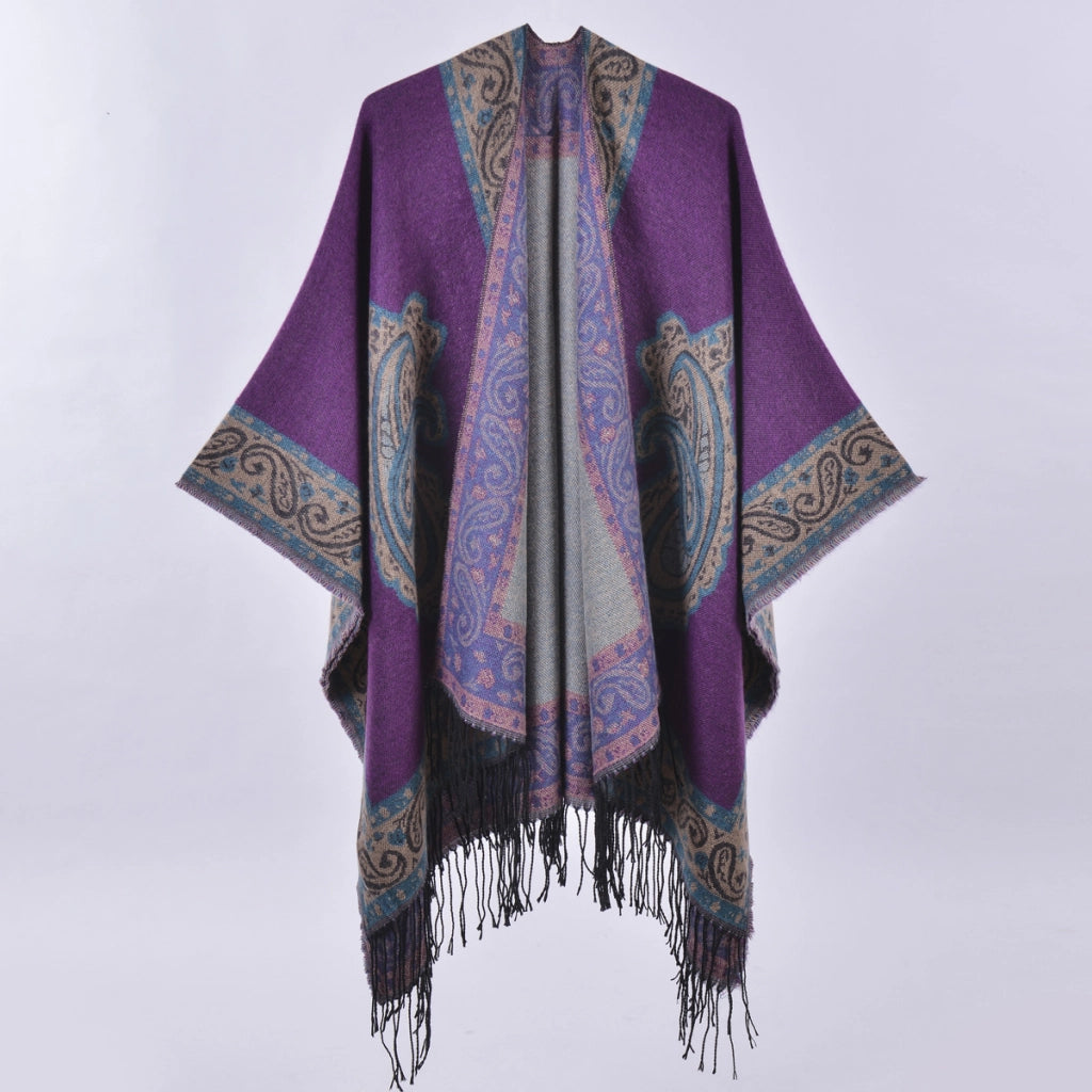 Mantella calda e comoda da viaggio, sciarpa/scialle antivento in cashmere con nappe e motivo paisley in stile etnico, mantella calda per ambienti climatizzati