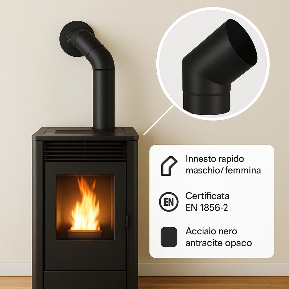 Curva a 45° elemento angolare modifica sezione canale fumo stufa pellet *** misura Ø 150 mm, confezione 1
