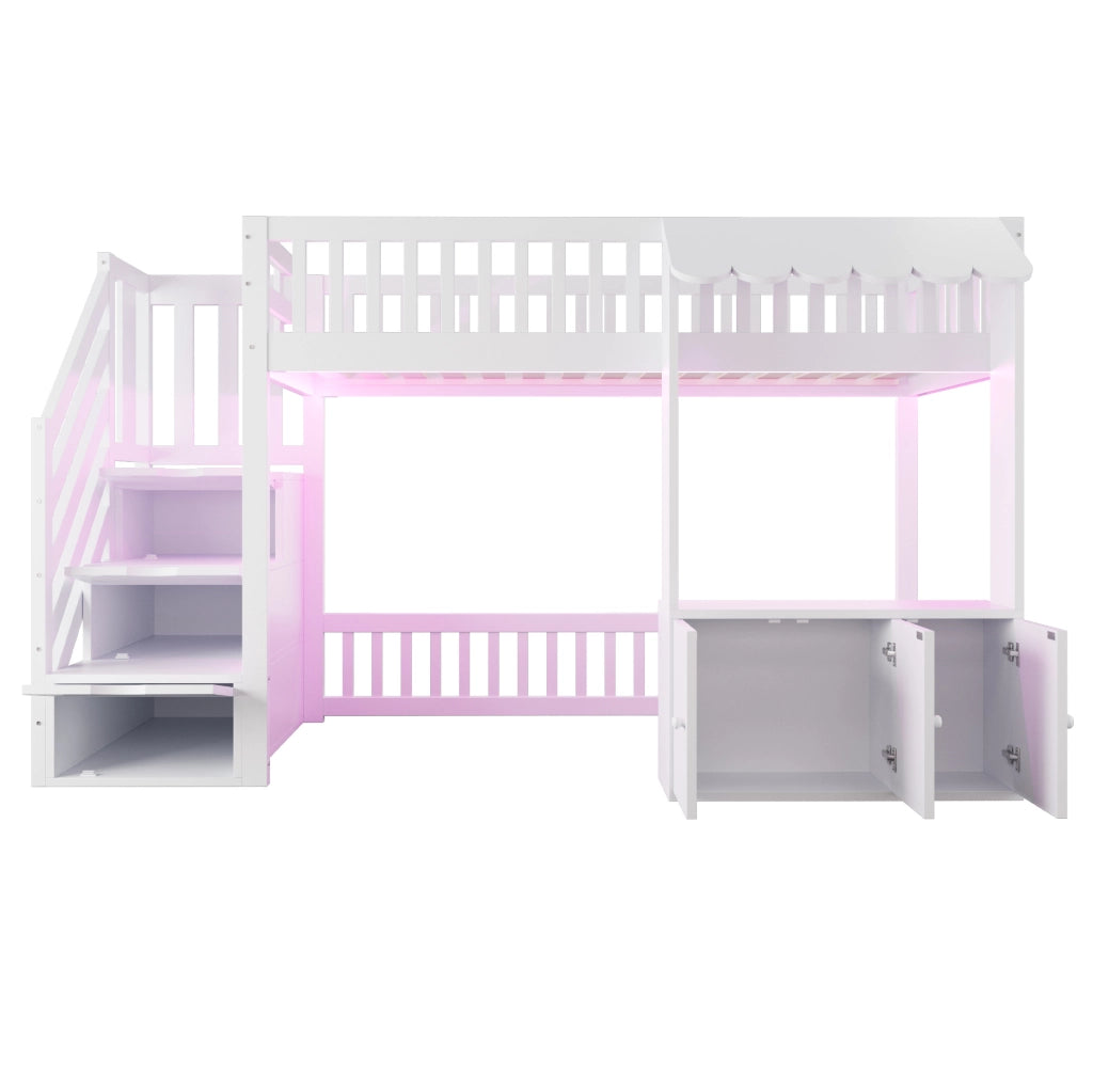 Letto a soppalco singolo 90x200 cm con scala contenitore; spazio di archiviazione e LED multicolore; bianco