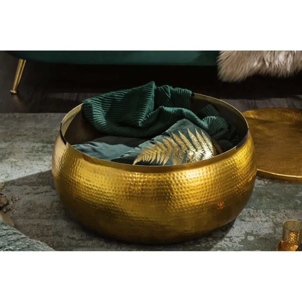 Tavolino basso TRIANE 70 cm dorato martellato - Alluminio lucido con vano contenitore