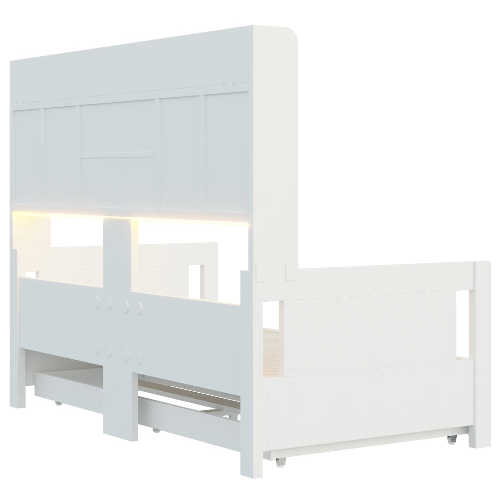 Divano letto estraibile 90x190 cm con contenitore; prese e LED in legno bianco