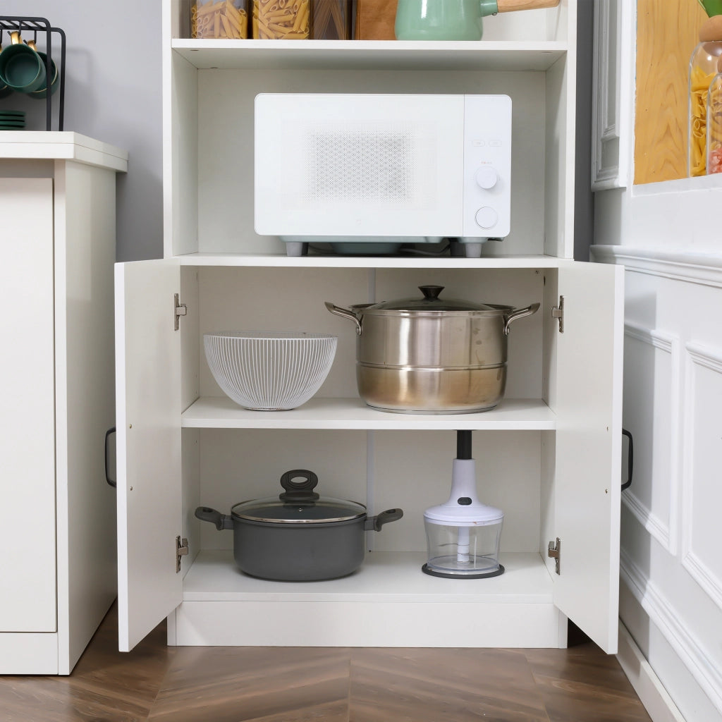 Mobile cucina alto con 4 ripiani e 4 ante, vano aperto per microonde, per soggiorno, in MDF bianco, 70 × 40 × 170 cm
