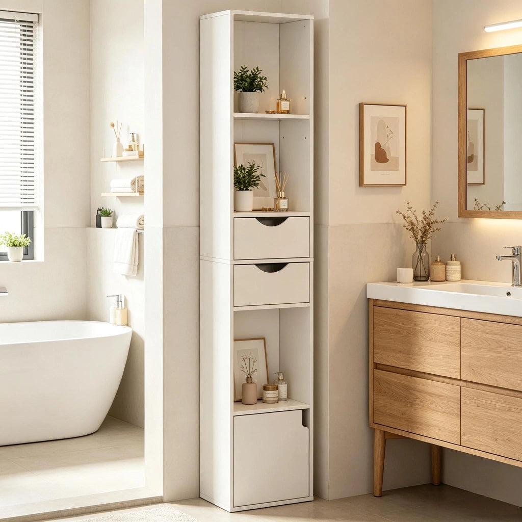 Libreria con 3 vani aperti, 2 cassetti e 1 anta, ripiani regolabili, per soggiorno e ufficio, bianco, 30 × 157,5 × 24 cm