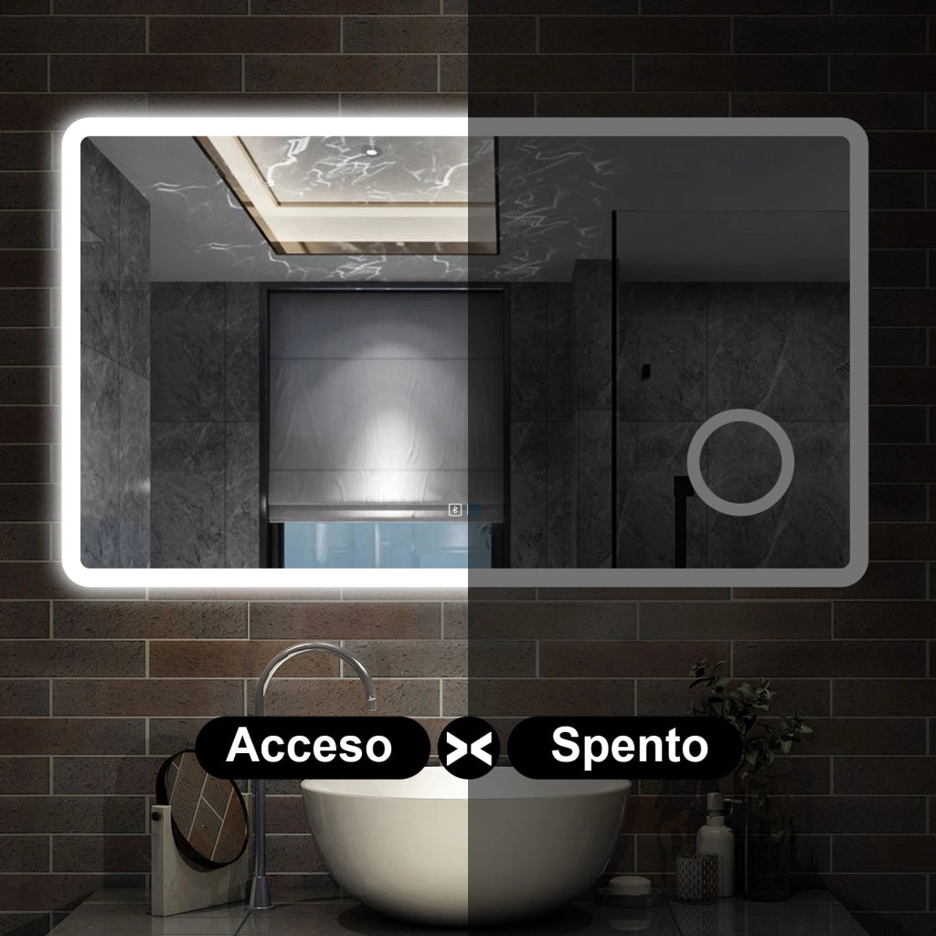 specchio rettangolare 100x60 cm con luce dimmerabile a 3 colori, bluetooth, antiappannamento e ingranditore 3x