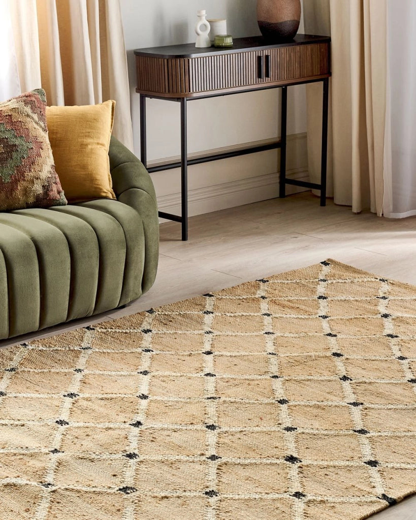 Tappeto di iuta intrecciata naturale in stile bohémien con motivo geometrico 160 x 230 cm Beige camera da letto soggiorno