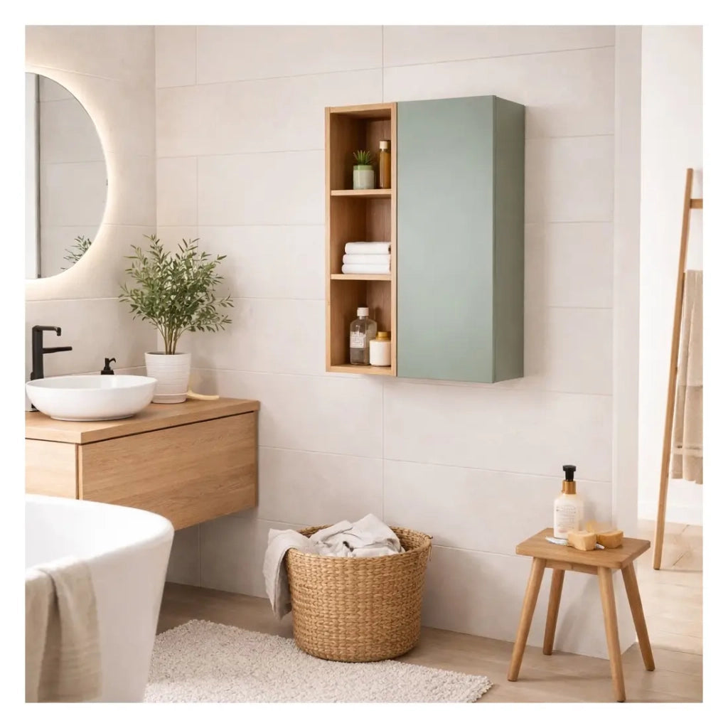 Mobile da parete OSTER 50cm – mobile sospeso verde salvia con 1 anta e 3 nicchie visibili in rovere chiaro