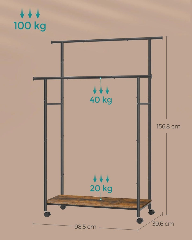 SONGMICS Stand Appendiabiti con Ruote, Attaccapanni Doppio con Ripiano, Largo 98,5 cm, Regge 100 kg in Totale, Struttura in Acciaio, Marrone Vintage e Nero Inchiostro HSR152B01