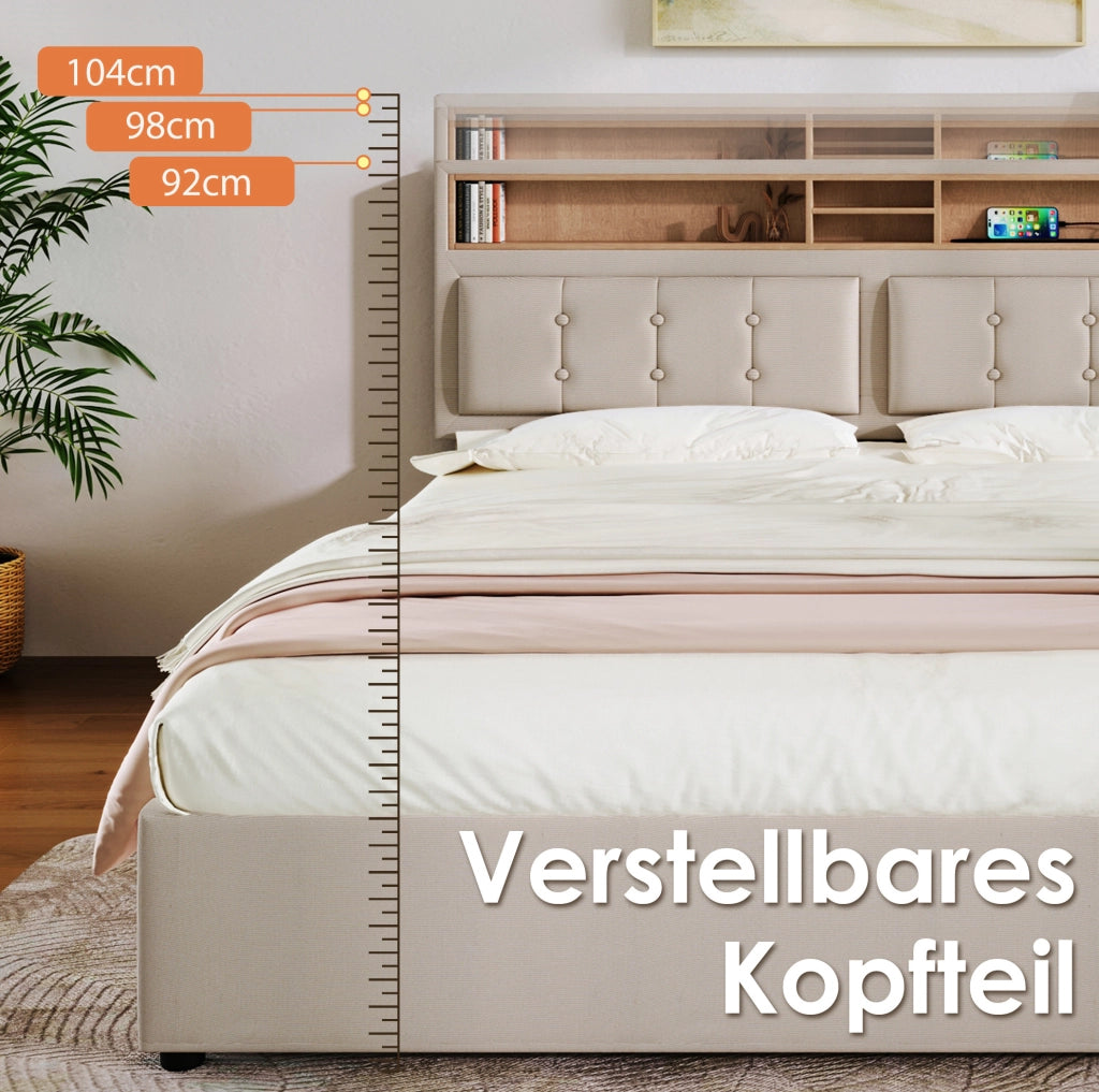 Letto imbottito 140x200 cm con 4 cassetti e prese USB-C