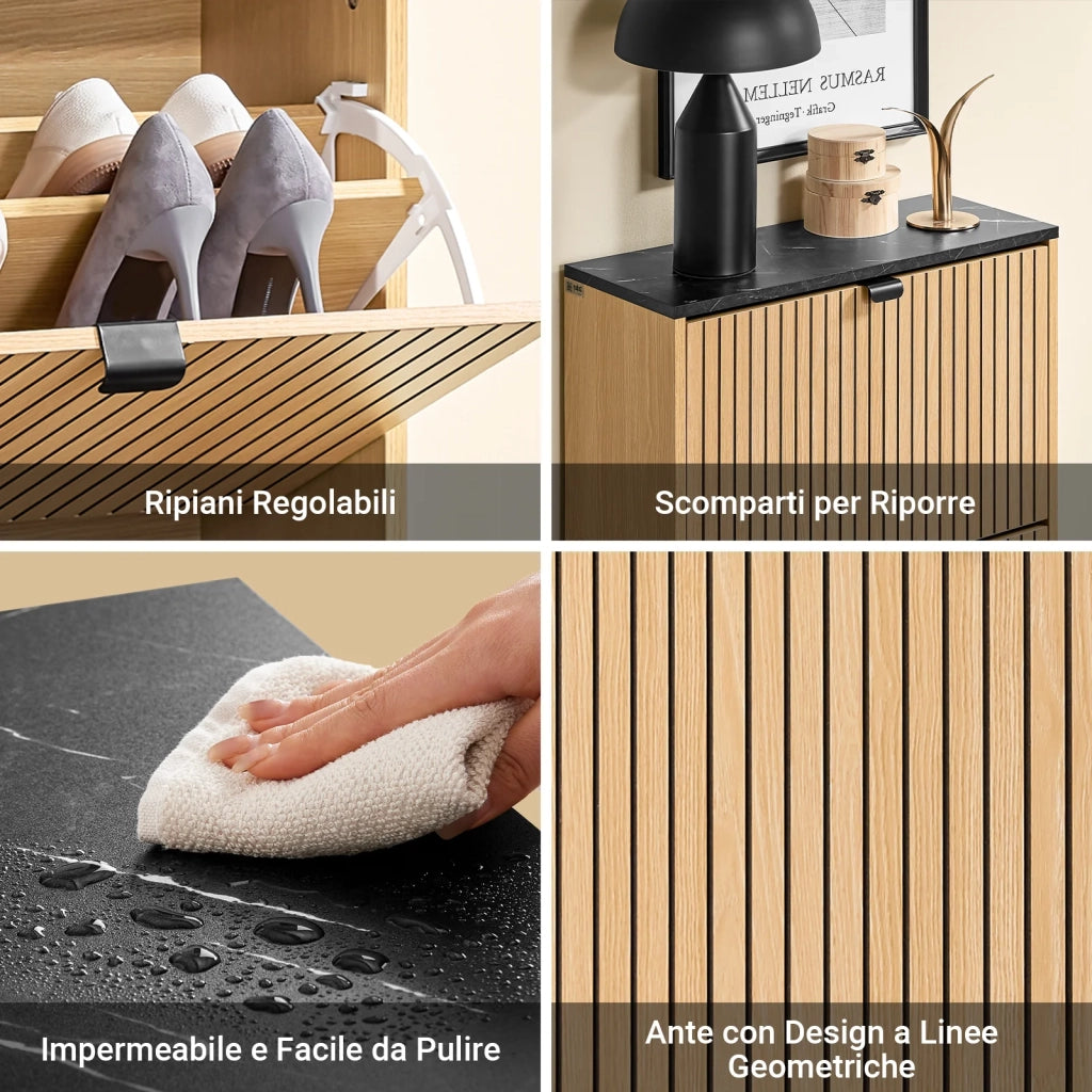 SoBuy Scarpiera Salvaspazio Slim a 2 Ante - Mobile Ingresso Moderno per Scarpe - Mobile Scarpiera da 8-12 Paia, con Struttura Resistente, Effetto Marmo Nero e Legno Chiaro, 60x24x88cm, FSR202-N