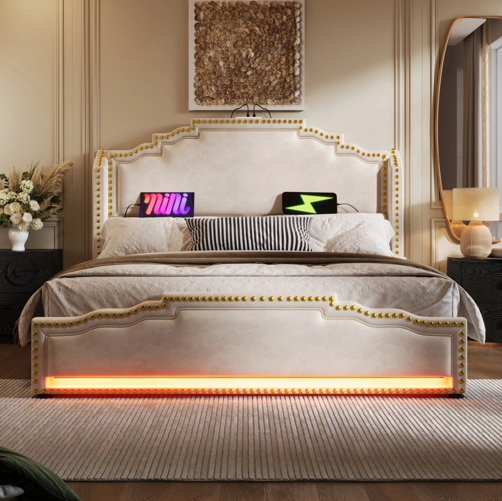 Letto imbottito 140x200 cm beige in velluto con LED, USB-C e 4 cassetti