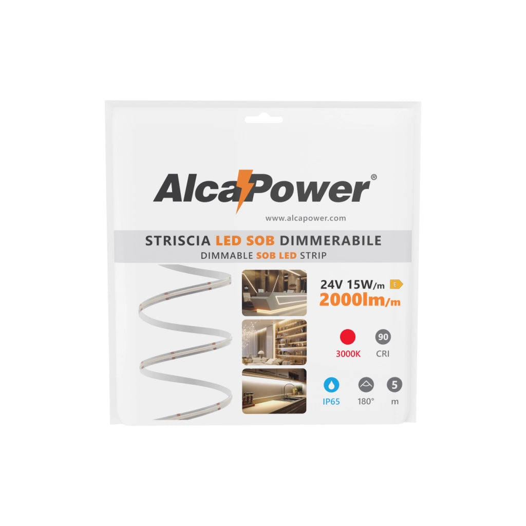 Alcapower Striscia LED SOB IP65 5m 3000K 24V 15W/m 2000lm/m CRI90: illuminazione lineare professionale ad alta efficienza per interni ed esterni