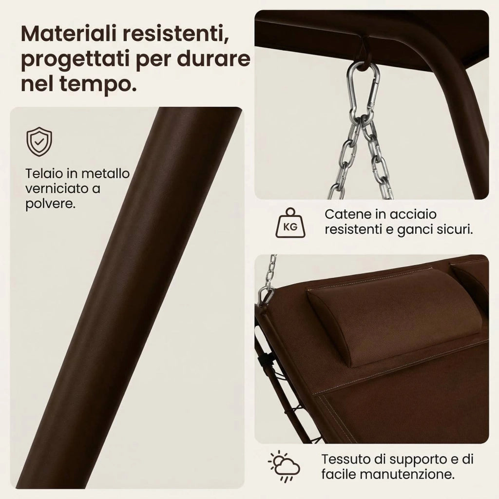 Dondolo Amaca Letto 2 Posti da Giardino con Tetto Parasole Struttura in Acciaio e Seduta Imbottita in Textilene per Terr