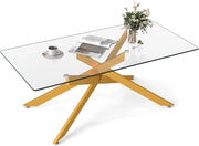 Tavolo da Caffè, Tavolino Salotto in Vetro Temperato con Gambe Incrociate in Metallo Placcato e Piedini Regolabili Antiscivolo, per Soggiorno e Ingresso, 120 x 60 x 45,5 cm (Oro)
