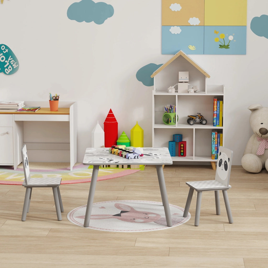 Set Tavolino e 2 Sedie per Bambini Panda in MDF e Legno di Pino Grigio