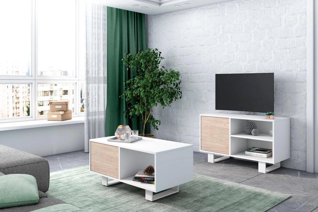 Mobile per Soggiorno composto da 1 Mobile TV100 e 1 Tavolino Bianco/colore Rovere, Gambe Bianche RF1126