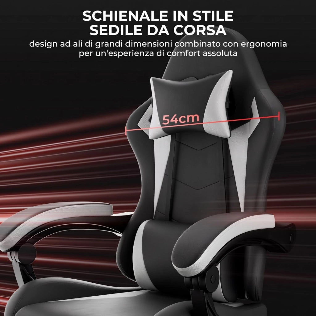 Sedia da gaming, sedia ergonomica, con cuscino lombare, regolabile in altezza, bianca e nera