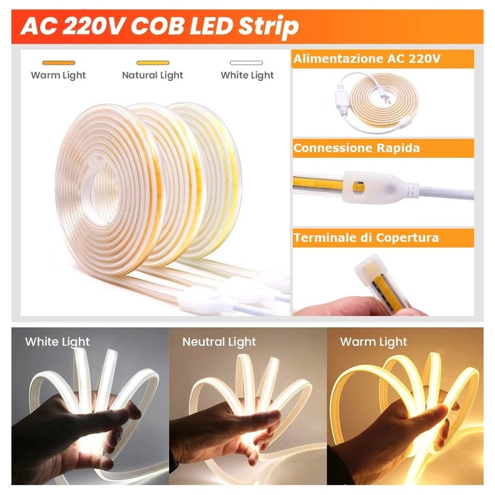 Trade Shop - Bobina 100mt Strip Led Cob 220v Esterno Ip65 Luce 3000k 4000k 6500k 220v-cob-288 -