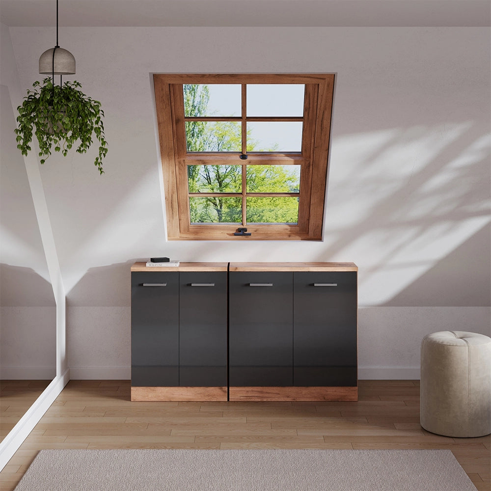 Set di mobili sottotetto Rion Antracite lucido/Rovere dorato 140 cm Set di 2 carcasse armadio profondità 60 cm Vicco