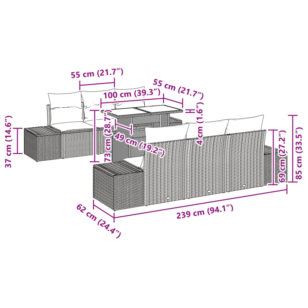 Set di divani da giardino 7 pezzi con cuscini nero in polirattan