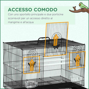 Gabbia per Uccelli 60x41x41 cm con 2 Posatoi e 3 Ingressi in Filo Metallico e Plastica Nero