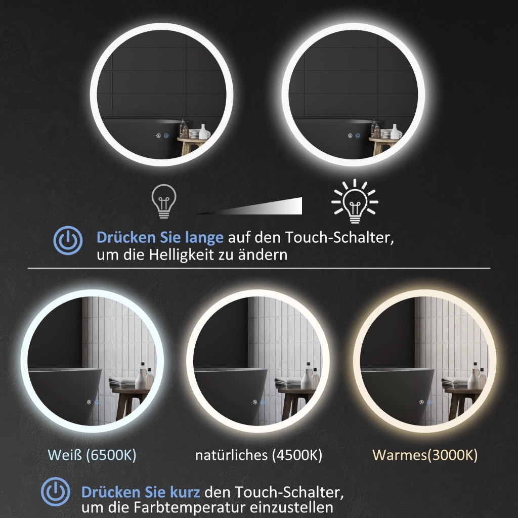 Specchio da bagno illuminato, specchio a parete ?70 cm con 3 colori di luce, IP44, interruttore touch, antiappannamento per bagni moderni