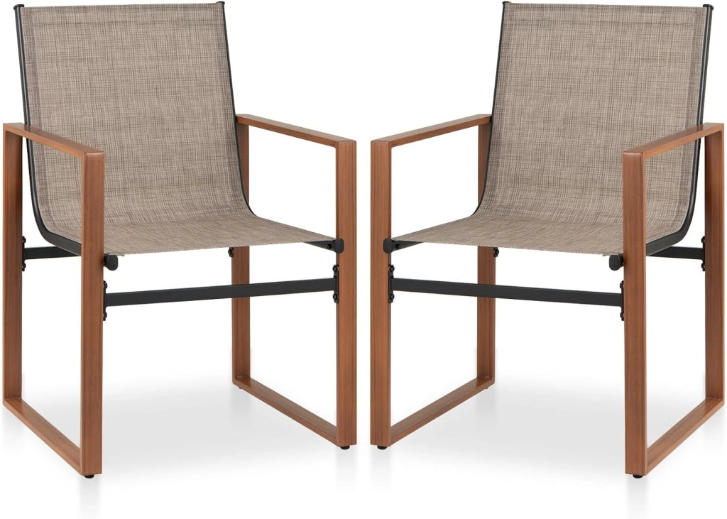 Set di 2 Sedie da Pranzo da Esterno, Sedia da Patio con Seduta e Schienale Traspiranti, Braccioli Larghi, Telaio in Metallo, per Cortile, Veranda, Giardino, Portata 150 kg (Caffè)