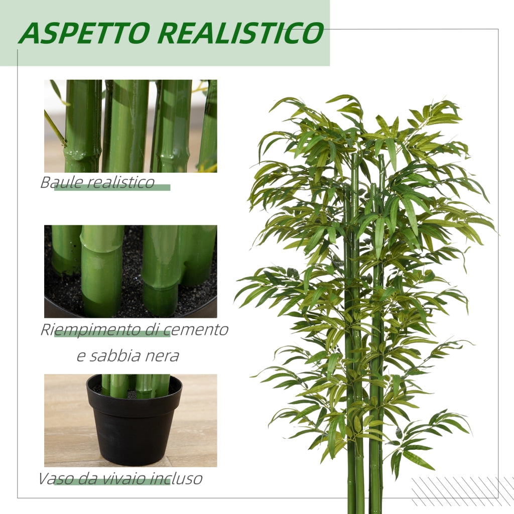Pianta Artificiale di Bambù 180 cm Pianta Finta Realistica con Vaso Decorativo in Bambù e Plastica Verde