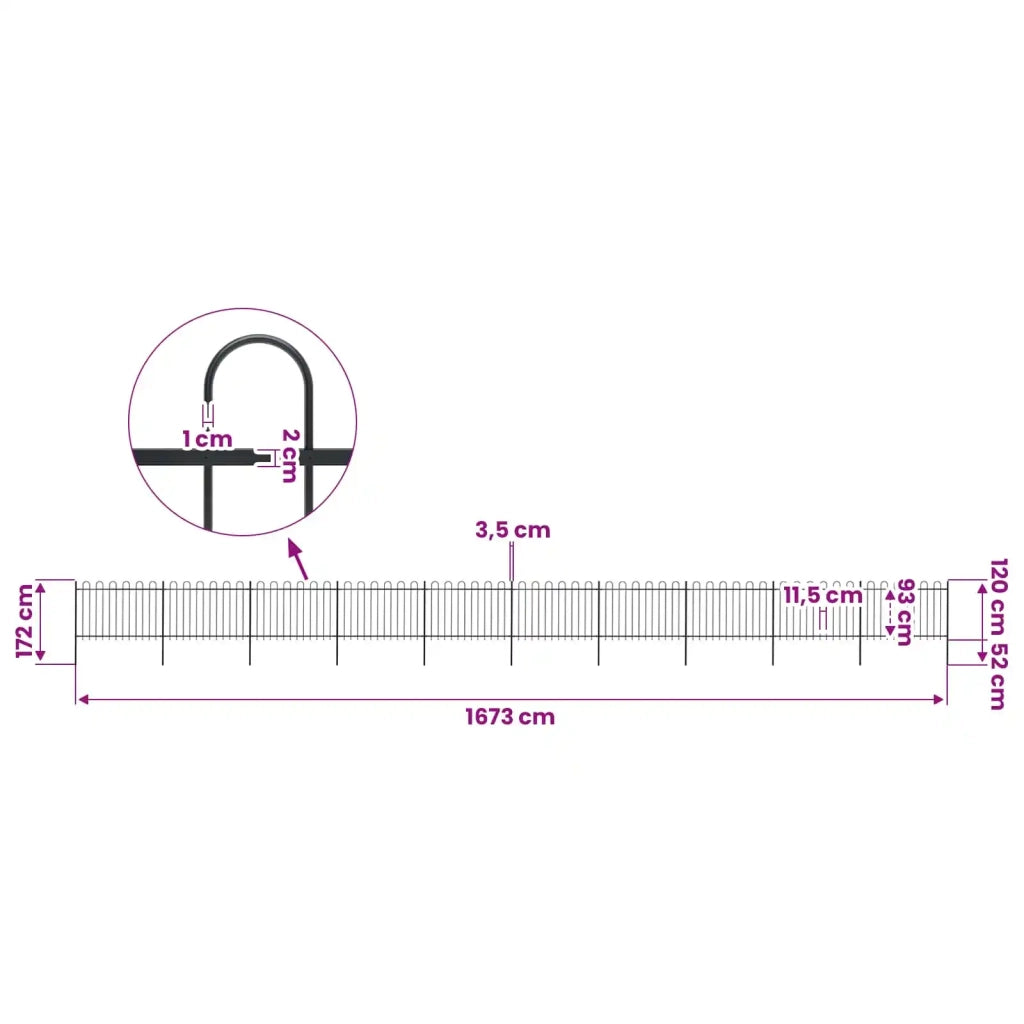 Recinzione da Giardino con Parte Superiore ad Anello in Acciaio 1673x120 cm Nero 277674