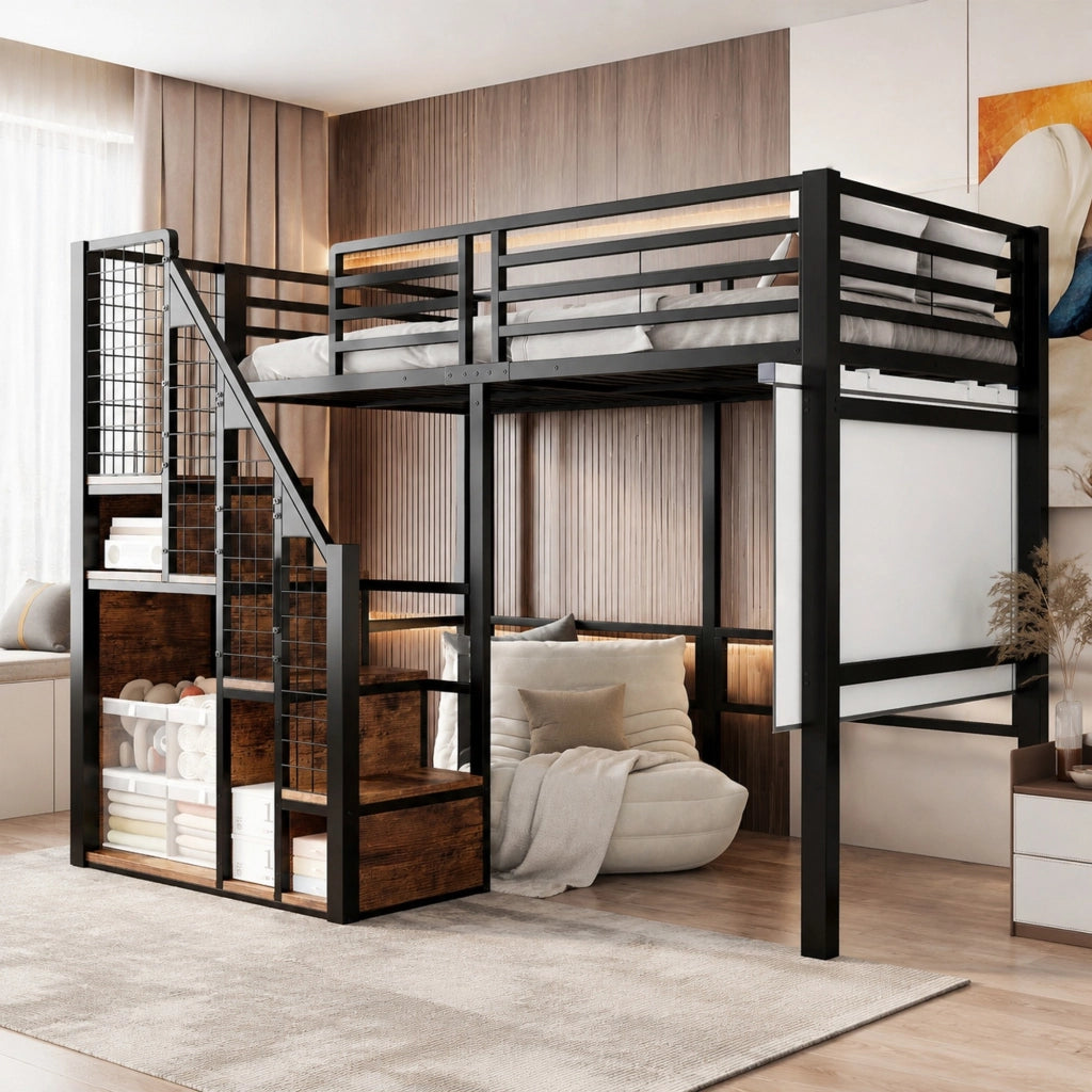 Letto a soppalco singolo 90 × 200 cm con scala e unità contenitore integrata in metallo nero