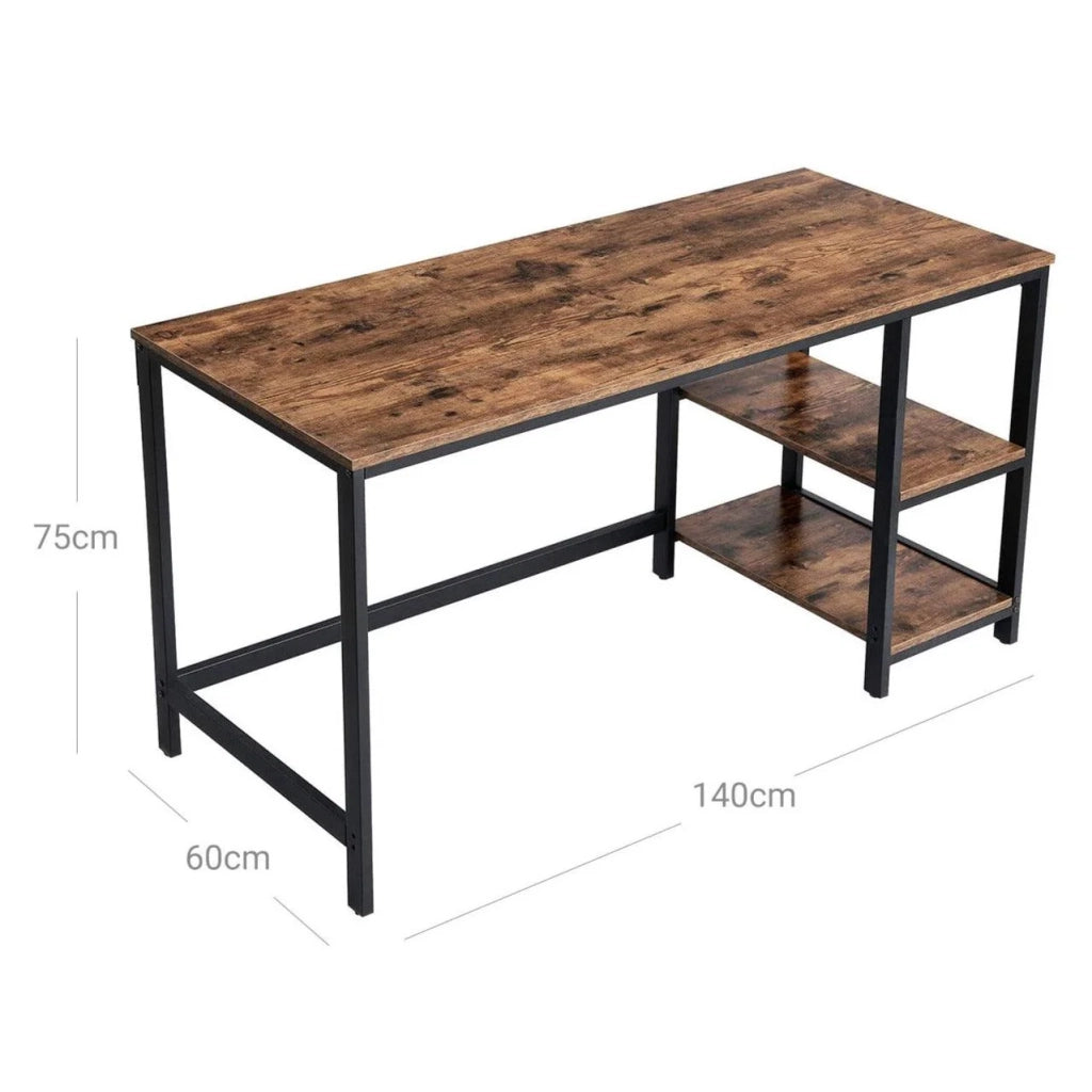 Scrivania con contenitore, tavolo porta computer con 2 ripiani reversibili, postazione di lavoro per telelavoro, soggiorno, struttura in acciaio, stile industriale, 140 cm, marrone rustico e nero 12 0001282