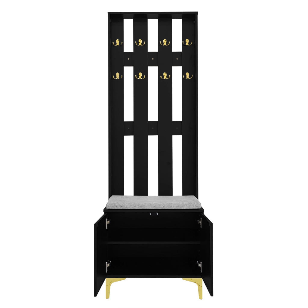 Mobile Ingresso con 2 Ante; Ripiani Regolabili e Panca Portascarpe; Push-to-Open; Nero e Oro; 60;5×35;2×180;5 cm