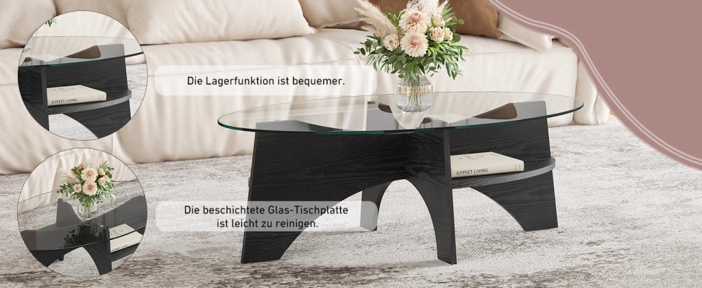 TAVOLINO Ovale in Vetro di Sicurezza 104,9 x 60 x 35,6 cm Nero/Trasparente