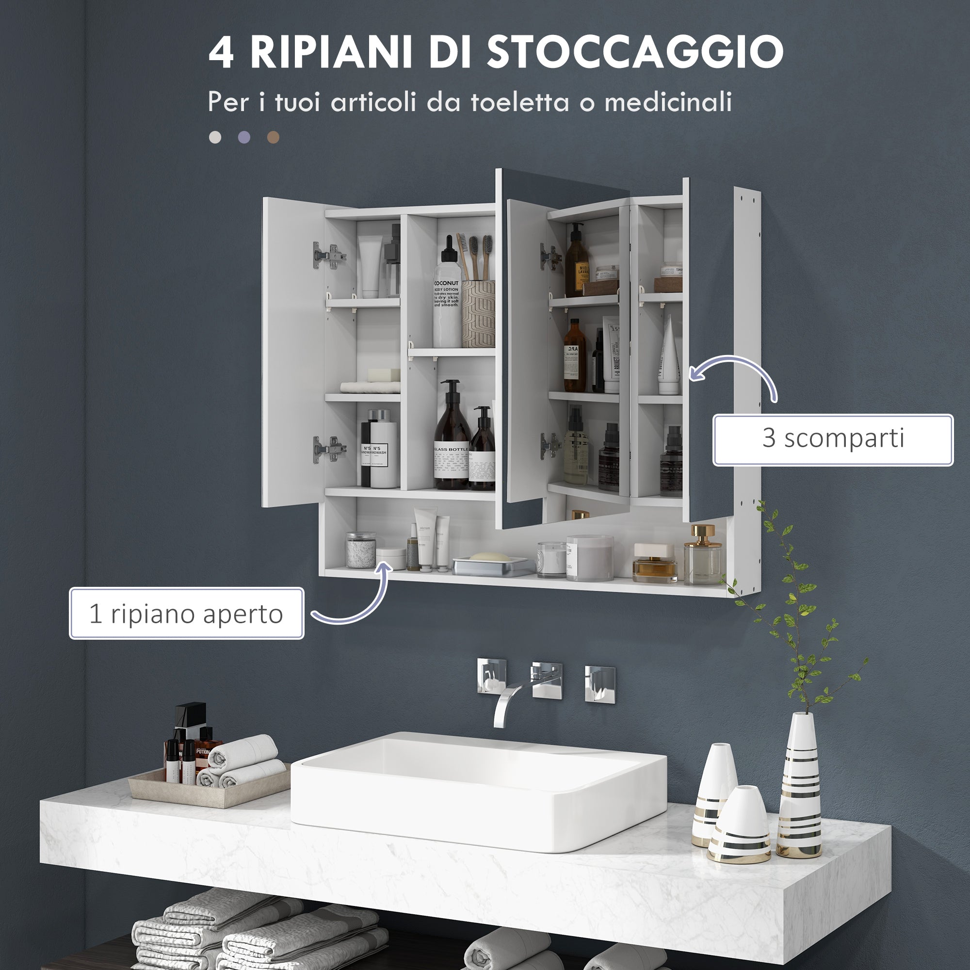 Armadietto da Bagno 90x15x75 cm con Specchio 3 Ante Soft Close e Ripiani Regolabili in MDF Bianco