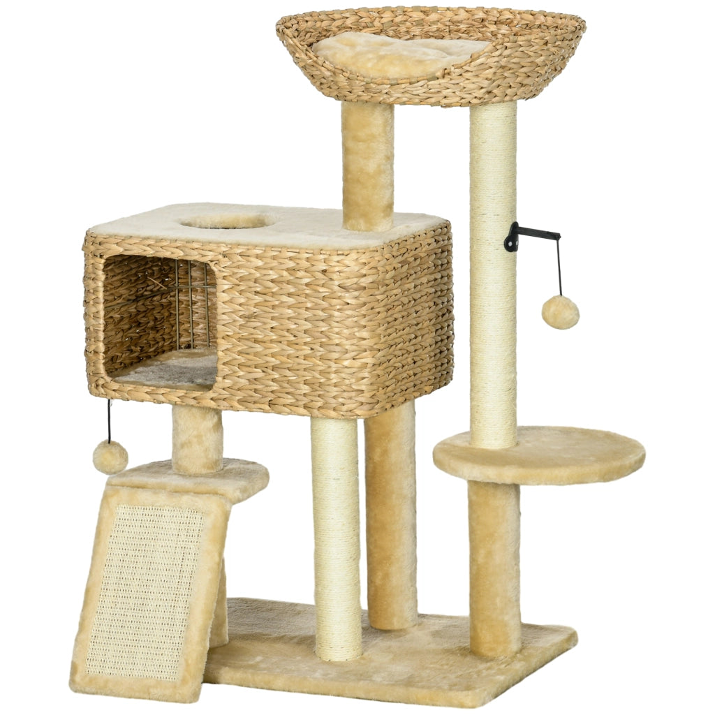 Tiragraffi per Gatti con Lettino e Casetta ¨C zephmum ¨C 60x40x98 cm Natur + Beige