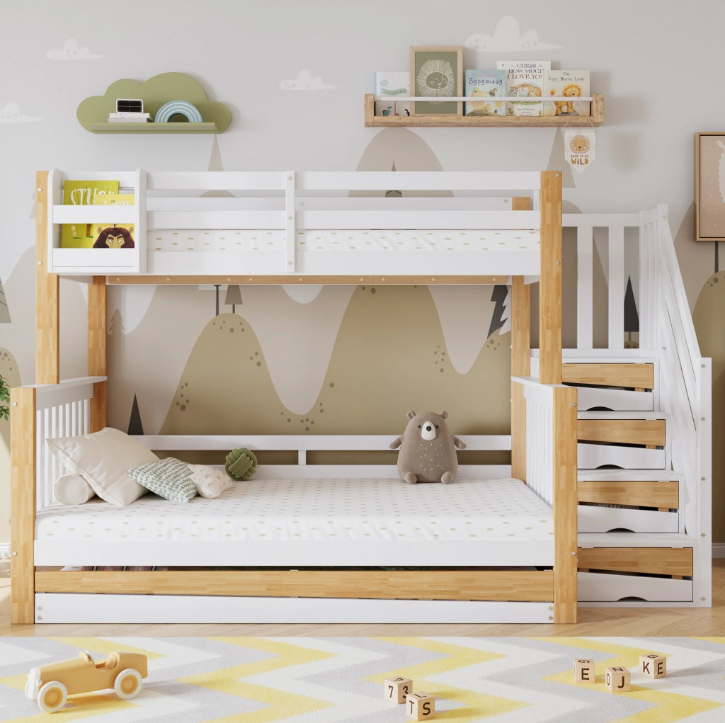 Letto a castello con letto estraibile, scala contenitore e sponde di sicurezza