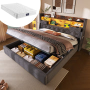OKWISH Letto Contenitore 160×200 cm, Letto Matrimoniale con LED Regolabile, Porte USB e Tipo C, senza Materasso, in Lino, Grigio