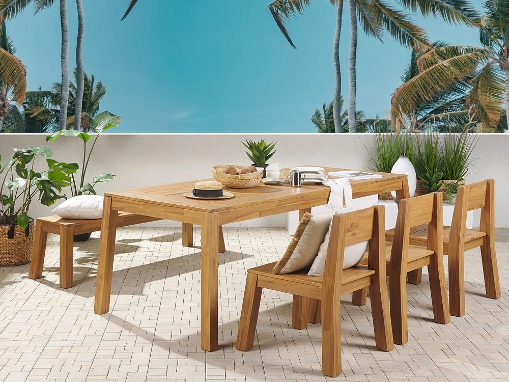 Set da pranzo da giardino 5 pezzi in legno di acacia laminato tavolo rettangolare panca 3 sedie stile rustico design moderno