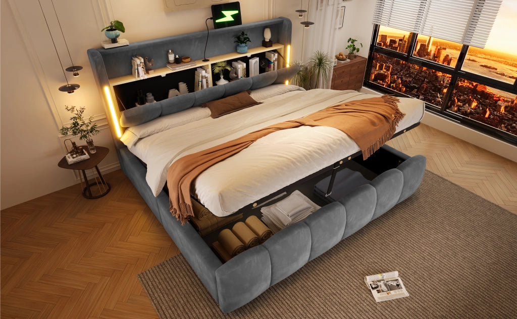 Letto imbottito 180x200 cm in velluto grigio con LED; contenitore e porte USB