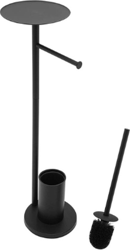 Supporto per spazzola da bagno - Dispensatore di carta igienica - Bagno - Appoggio per bagno - Con attacco per carta igienica, una spazzola da bagno, un contenitore per spazzola da bagno e un ripiano di stoccaggio - Nero - 20x13x65 cm