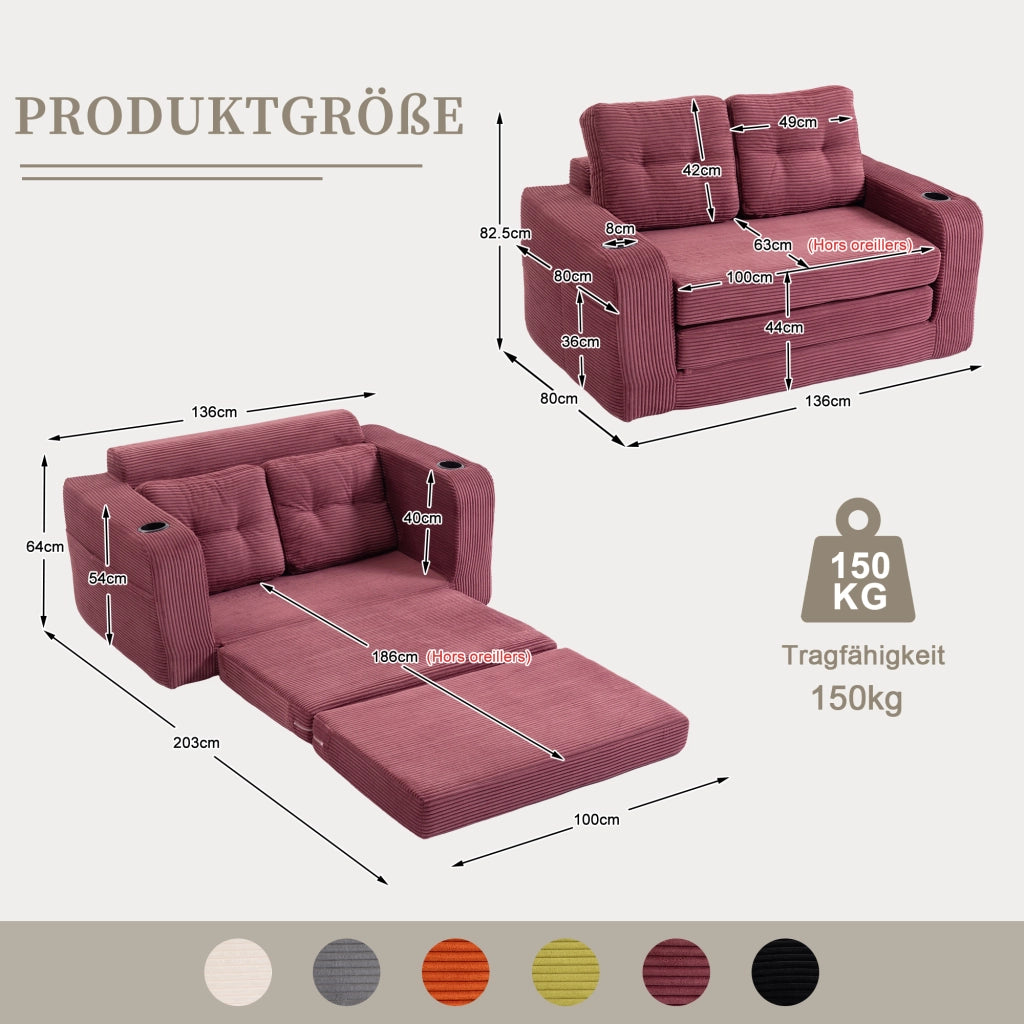 Divano modulare a 2 posti in velluto a coste con portabicchieri e tasche laterali; per soggiorno; 136 × 80 × 82.5 cm