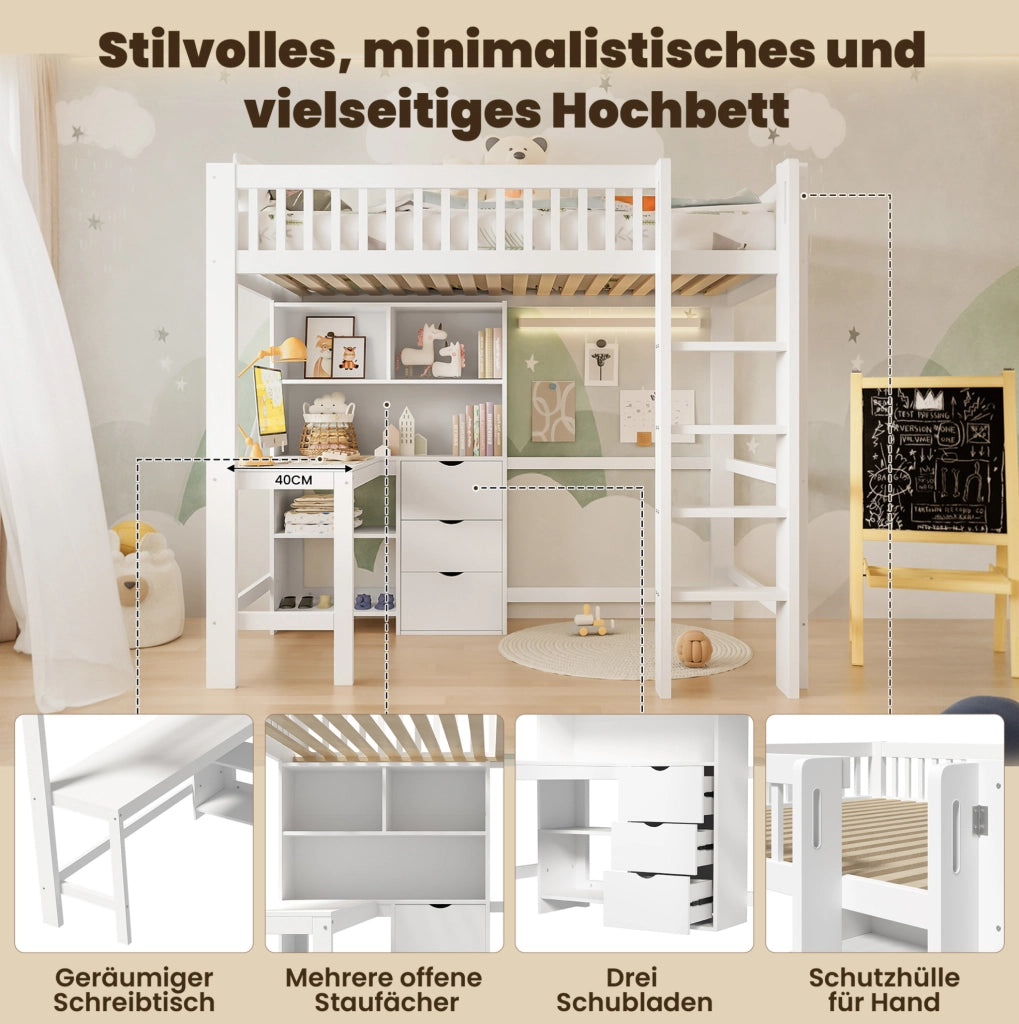 Letto a soppalco bianco 90x200 cm con scrivania e cassetti