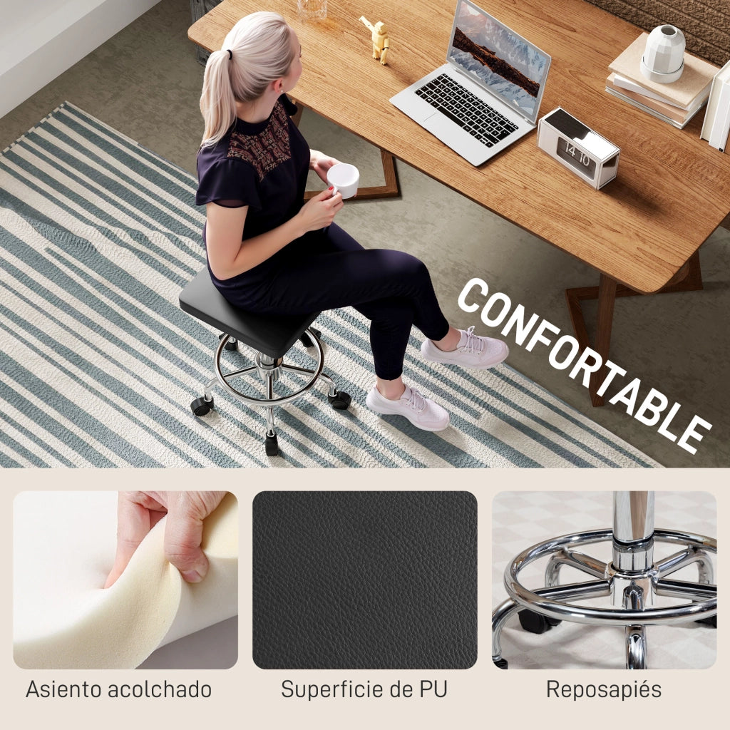 Sgabello Girevole Regolabile con Seduta Imbottita e Ruote ¨C Zephmum ¨C Nero 34x34x50-66 cm