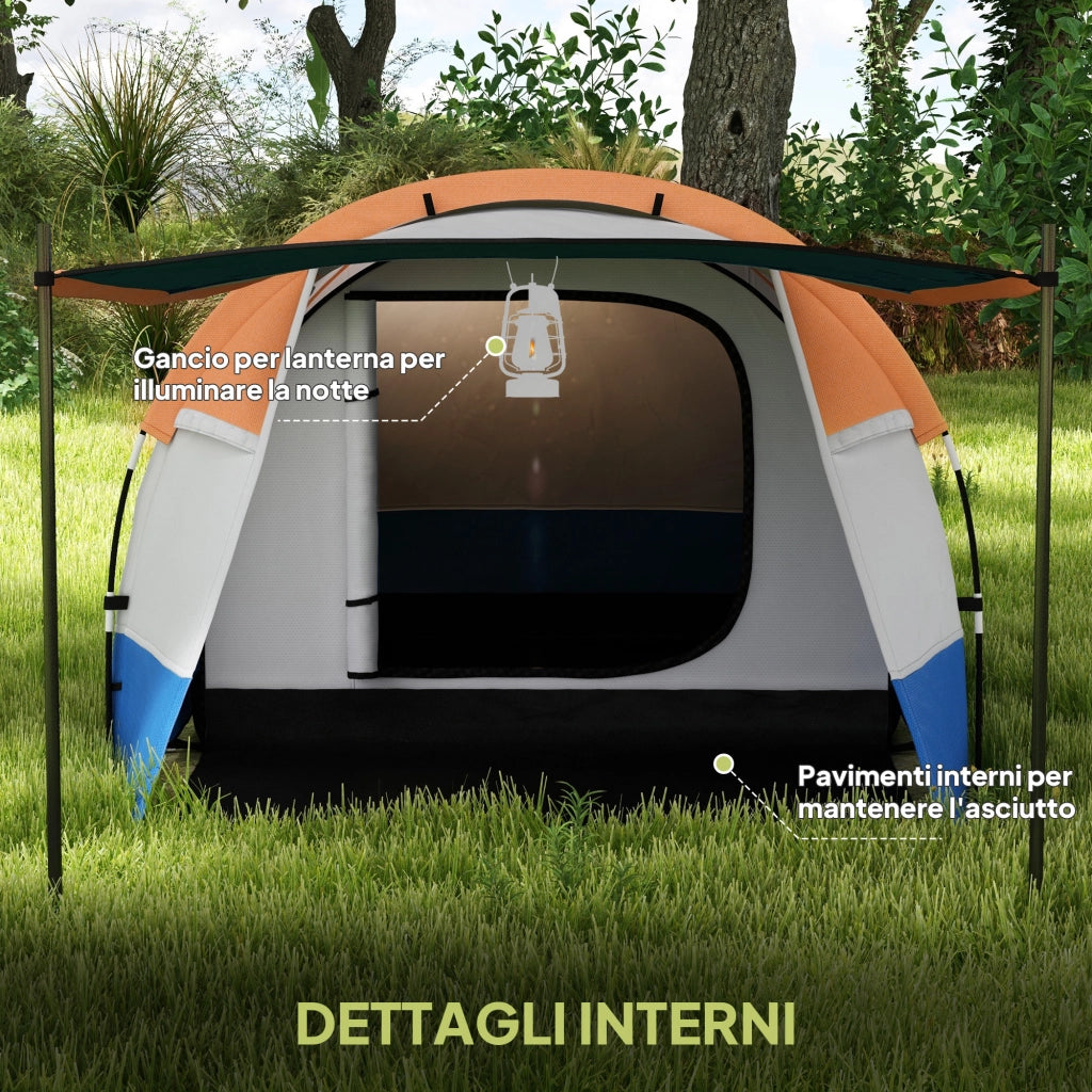 Tenda da Campeggio Impermeabile-Tenda per Escursionismo  con 2 Aree e 3 Ingressi, Poliestere e Fibra di Vetro, 420x200x150 cm, Arancione