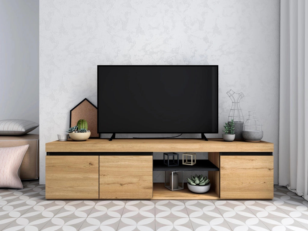 Mobile TV mod NATURALE , 160x40x41cm, colore Rovere e Nero, 2 porte e 2 comparti RF891