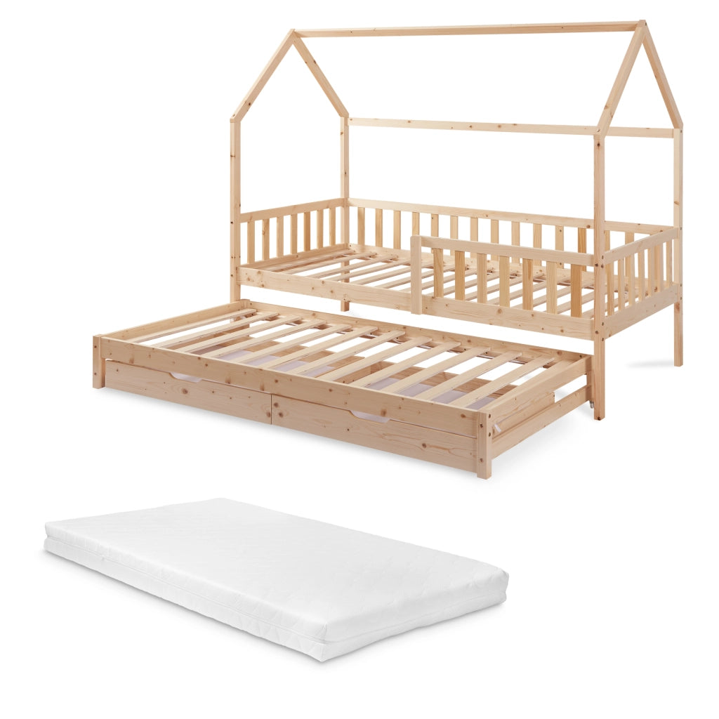 Letto a Casetta per Cameretta Aarghonmaa in Legno di Pino con Letto Estraibile 1 Materasso 90x200 cm e 2 Cassetti - Naturale [en.casa]